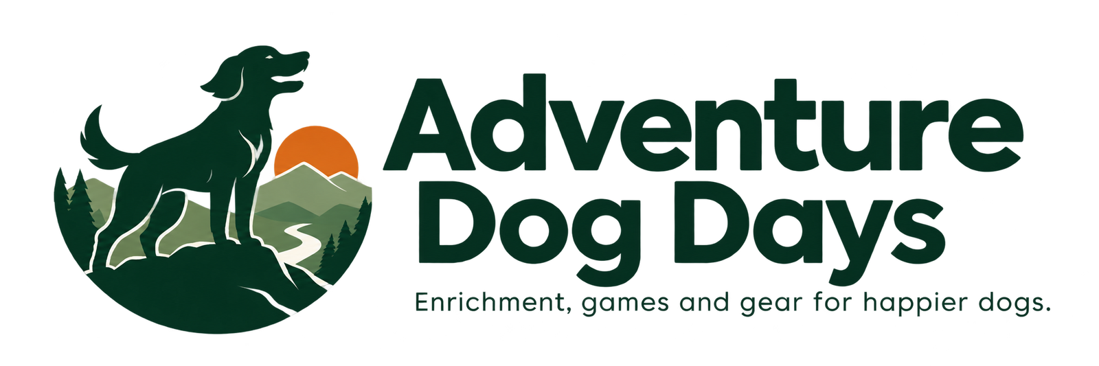Adventure Dog Days logo featuring a dog standing on a mountain landscape with a sunset.